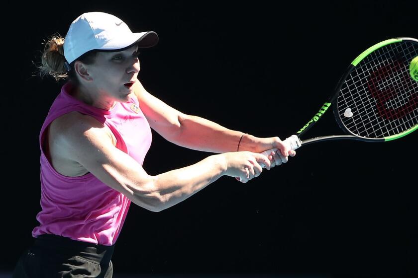 MELBOURNE, AUSTRALIA - JANUARY 11: Simona Halep of Romania plays a shot during a practice session ahead of the 2019 Australian Open at Melbourne Park on January 11, 2019 in Melbourne, Australia. (Photo by Scott Barbour/Getty Images) ** OUTS - ELSENT, FPG, CM - OUTS * NM, PH, VA if sourced by CT, LA or MoD **