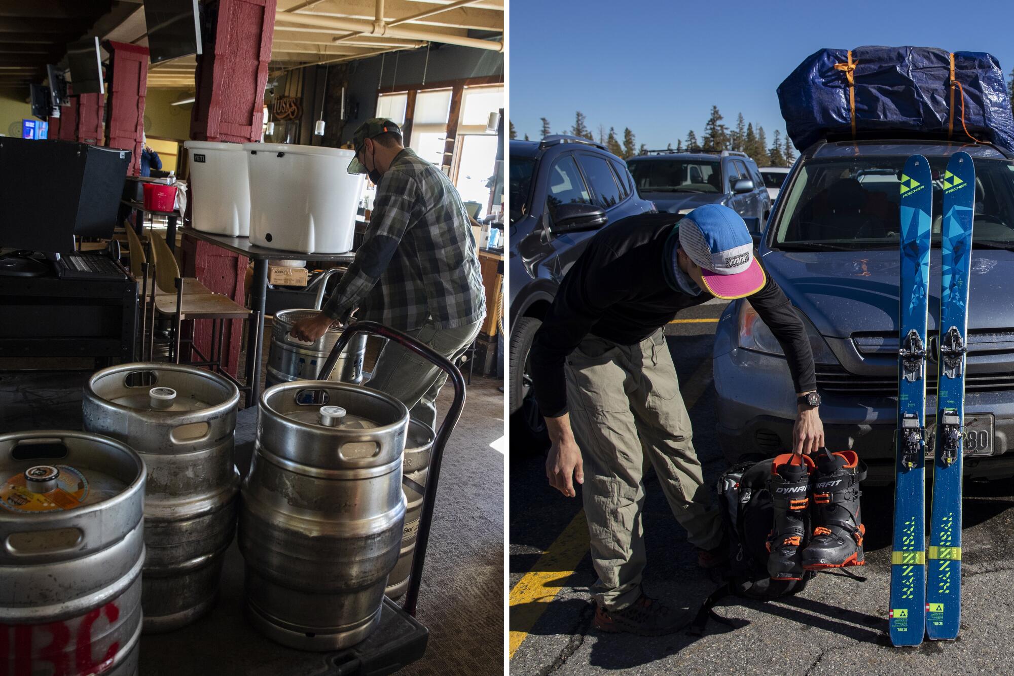 Left, Barback Cody Place works at Tusks Bar and Ben Werbner dries boots near Mammoth Mountain.