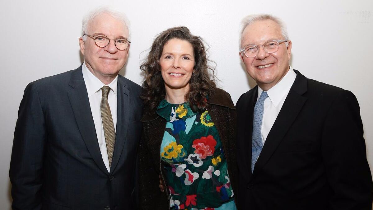 "Bright Star" creators Steve Martin, left, and Edie Brickell with director Walter Bobbie backstage after the opening-night performance at the Ahmanson Theatre on Friday in Los Angeles.