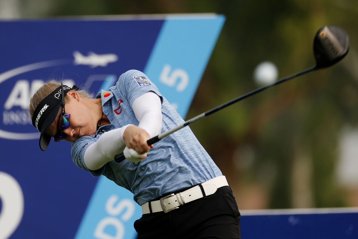 Brooke Henderson hits her tee shot on the first hole during the third round of the ANA Inspiration on Sept. 12, 2020.