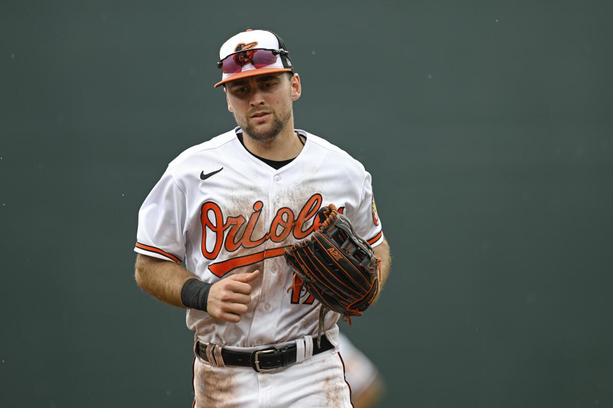Orioles outfielder Colton Cowser jogs off the field during a baseball game against the Miami Marlins on July 16.