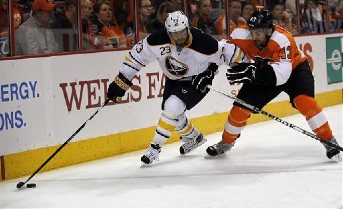 Buffalo Sabres goalie Ryan Miller (30) keeps his eye on the puck