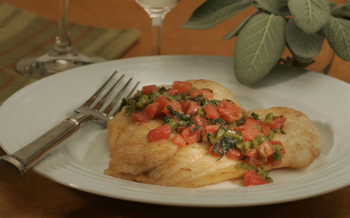 Petrale sole with sage, poblano and tomatoes