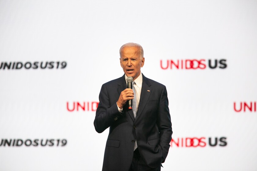 Former Vice President Joe Biden speaks at an UnidosUS candidate forum in San Diego in August. 