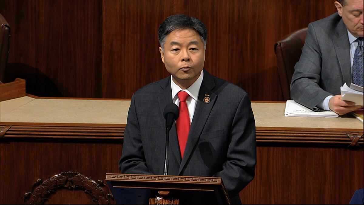 Rep. Ted Lieu speaks as the House of Representatives debates the articles of impeachment against Trump in 2019.