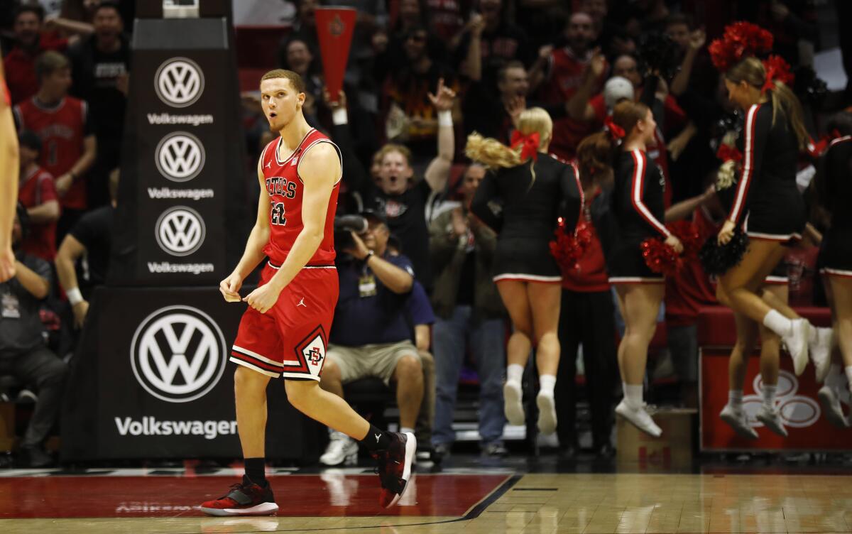 San Diego State's Malachi Flynn celebrates after making the game-winning three pointer with one second left Dec. 8 against San Jose State.