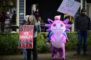 An anti-ICE activist in an inflatable costume stands next to a person with a sign during a protest