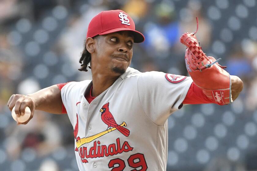 St. Louis Cardinals reliever Alex Reyes pitches in the ninth inning in a baseball game.