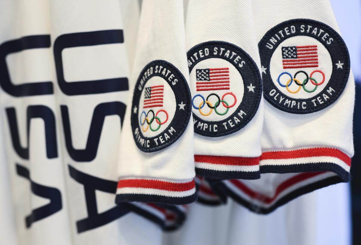 Team USA Tokyo Olympic closing ceremony uniforms are displayed during an unveiling April 13 in New York.