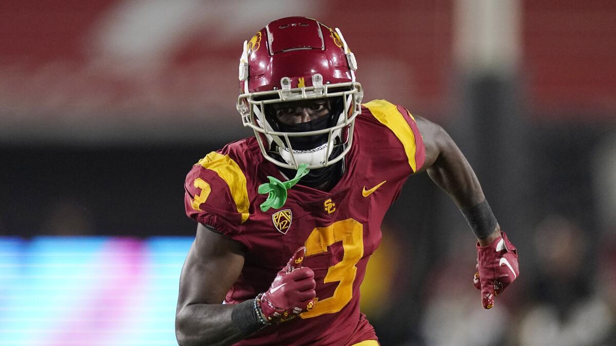 USC wide receiver Jordan Addison runs a route during a win over Fresno State on Sept. 17.