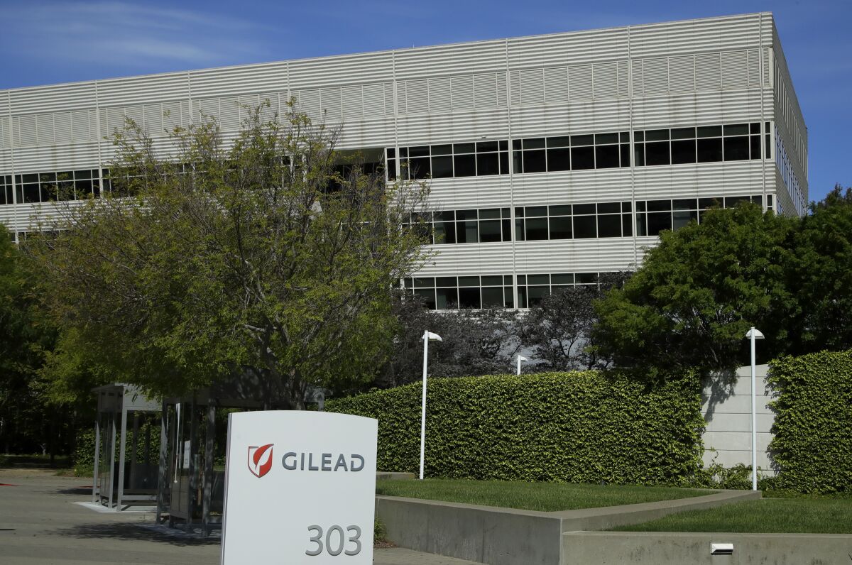 FILE - This April 30, 2020, file photo shows Gilead Sciences headquarters in Foster City, Calif. Shares of Immunomedics more than doubled before the market open on Monday, Sept. 14 after Gilead Sciences said it'll buy the biotechnology company for $21 billion. (AP Photo/Ben Margot, File)