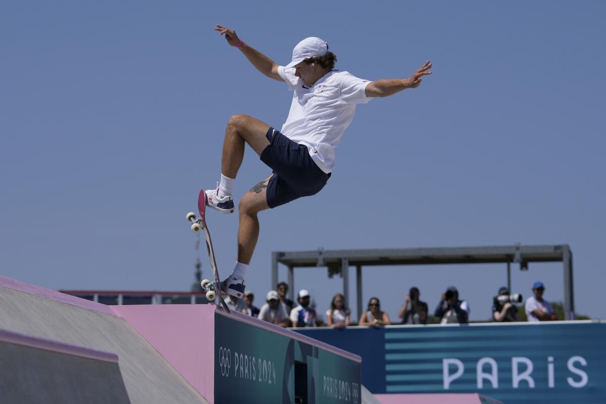 Jagger Eaton competes in the men's skateboard street preliminaries at the Paris Olympics on Monday.