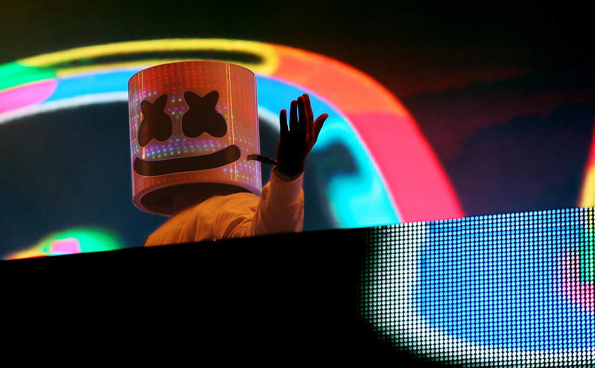 INDIO, CALIF. - APRIL 16, 2017. Marshmello performs on the Sahara Stage on day three of the Coachella Music and Arts Festival in Indio on Sunday, April 16, 2017. (Luis Sinco/Los Angeles Times)