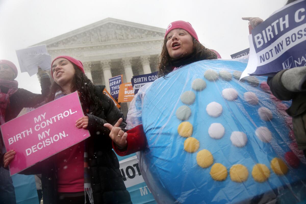 A woman dressed as a pack of birth control pills joins a protest in front of the Supreme Court.