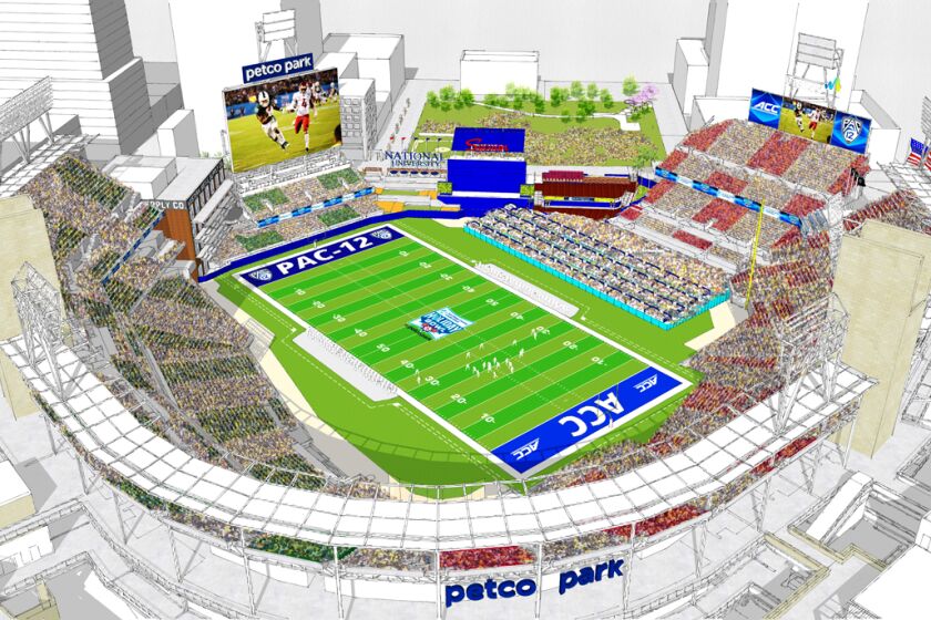 Rendering of football field for Holiday Bowl inside Petco Park, which could fit 50,000 with temporary seating in right field.