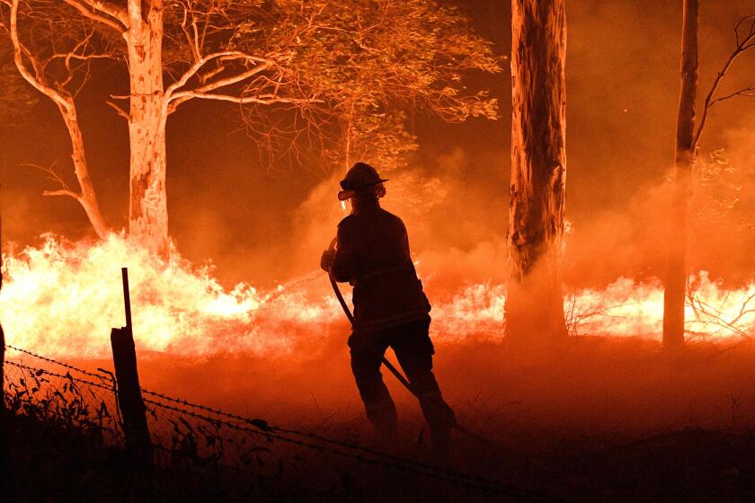 This picture taken on December 31, 2019 shows a firefighter hosing down trees and flying embers in an effort to secure nearby houses from bushfires near the town of Nowra in the Australian state of New South Wales. - Fire-ravaged Australia has launched a major operation to reach thousands of people stranded in seaside towns after deadly bushfires ripped through popular tourist areas on New Year's Eve. (Photo by SAEED KHAN / AFP) (Photo by SAEED KHAN/AFP via Getty Images) ** OUTS - ELSENT, FPG, CM - OUTS * NM, PH, VA if sourced by CT, LA or MoD **
