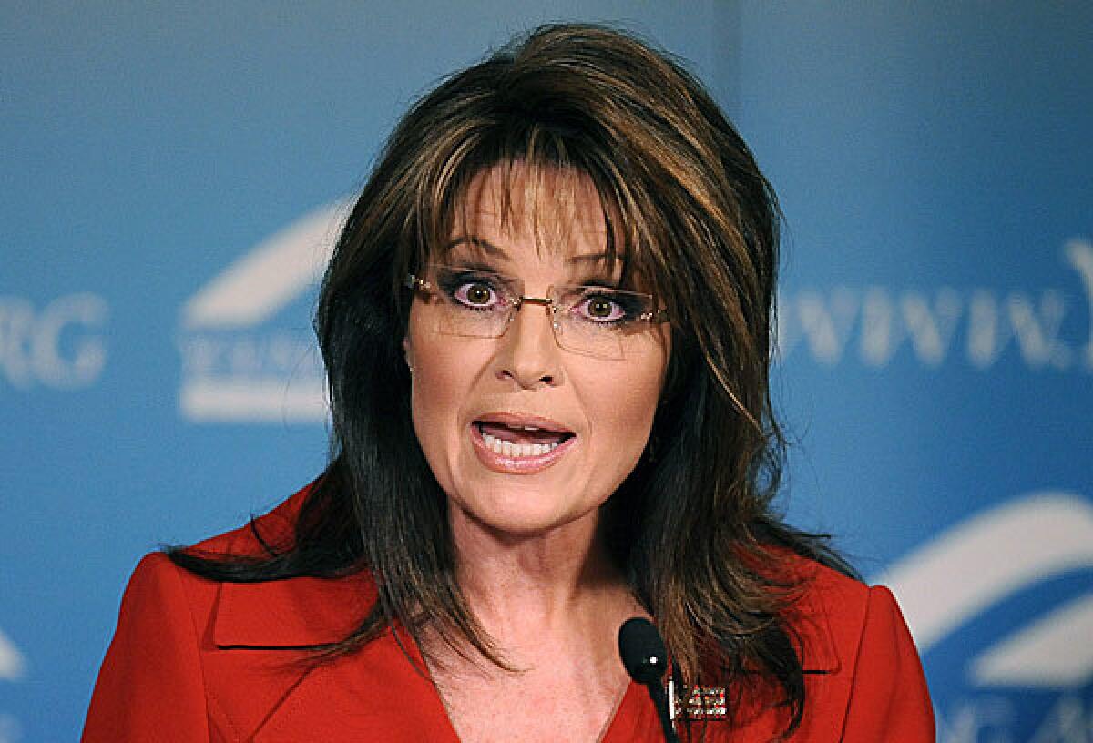 Former Alaska governor Sarah Palin speaks at a dinner at the Reagan Ranch Center in Santa Barbara, California.