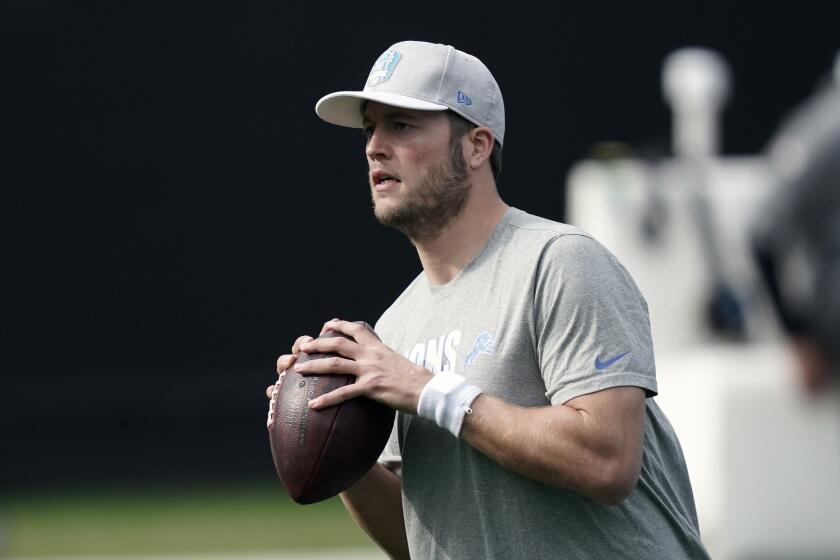 Detroit Lions quarterback Matthew Stafford (9) warms up prior to an NFL football game.