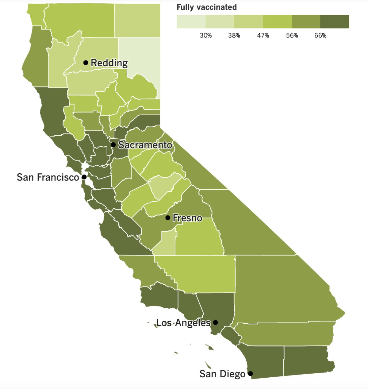 A map showing California's COVID-19 vaccination progress by county as of March 29, 2022.