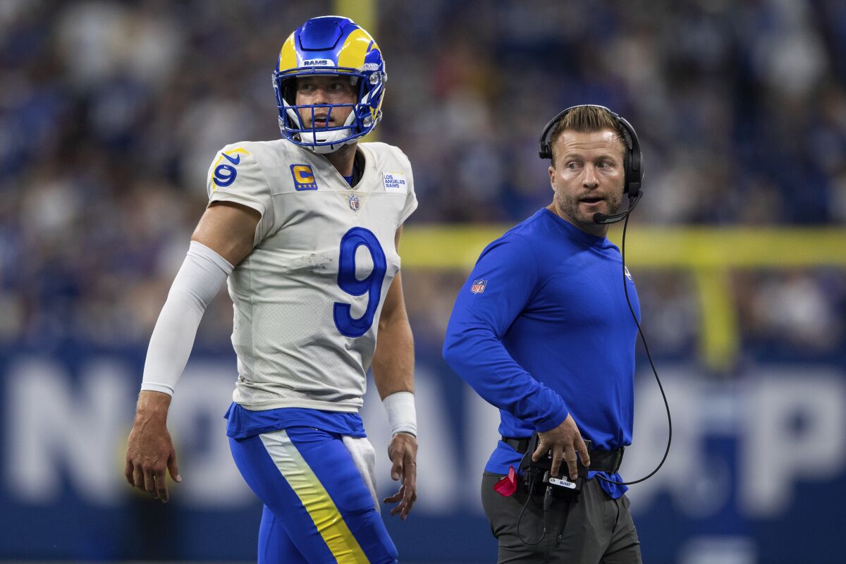 Rams coach Sean McVay talks to quarterback Matthew Stafford during a win over the Indianapolis Colts last month.