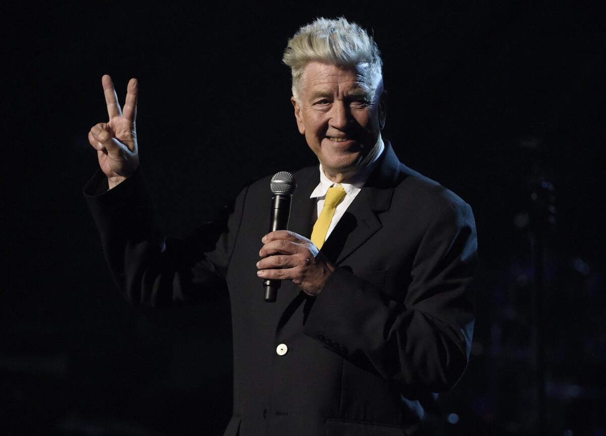 David Lynch speaks at the David Lynch Foundation Music Celebration at the Theatre at Ace Hotel.
