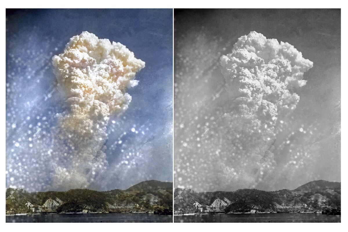 This photo combination shows digital colorization, left, by Anju Niwata and Hidenori Watanave, and original black and white file photo that smoke rises around 20,000 feet above Hiroshima, Japan, after the first atomic bomb was dropped on Aug. 6, 1945. Niwata and Watanave are adding color to pre-war and wartime photographs using a combination of methods. These include AI technologies, but also traditional methods to fill the gaps in automated coloring. These include going door to door interviewing survivors who track back childhood memories, and communicating on social media to gather information from a wider audience. The team has brought to life more than a thousand black-and-white photographs that illustrate the pre-war lives of ordinary people and chronicles the onset and destruction caused by World War II. (Anju Niwata & Hidenori Watanave via AP)