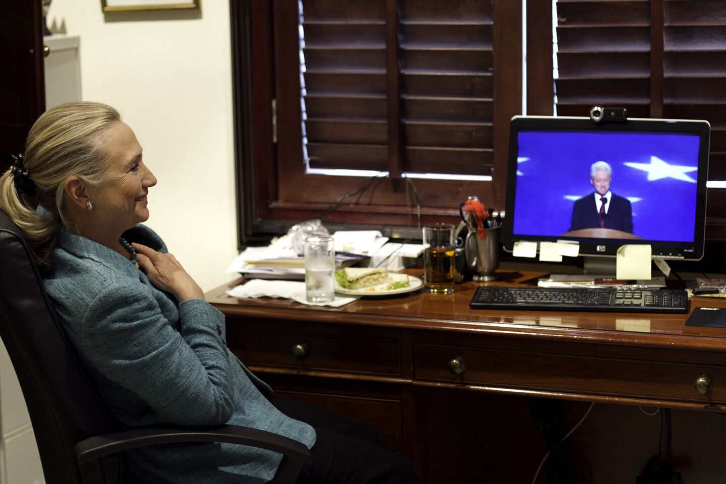 This photo, courtesy of the Department of State, shows Secretary Hillary Clinton watching her husband Bill's nomination of President Obama during the Democratic convention in Charlotte, N.C. at the residence of the U.S. ambassador to Timor Leste.