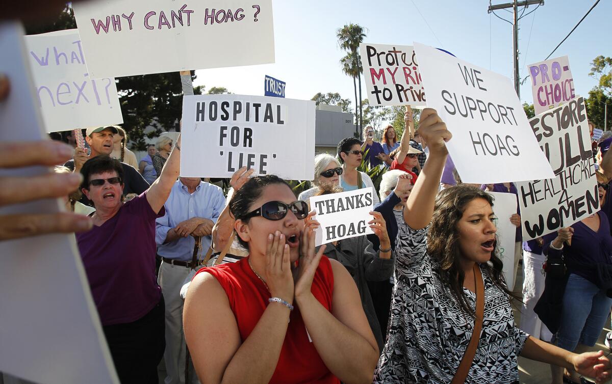 Outside Hoag Hospital in Newport Beach last week, demonstrators gathered to voice their opinions about the hospital's decision to halt elective abortions.