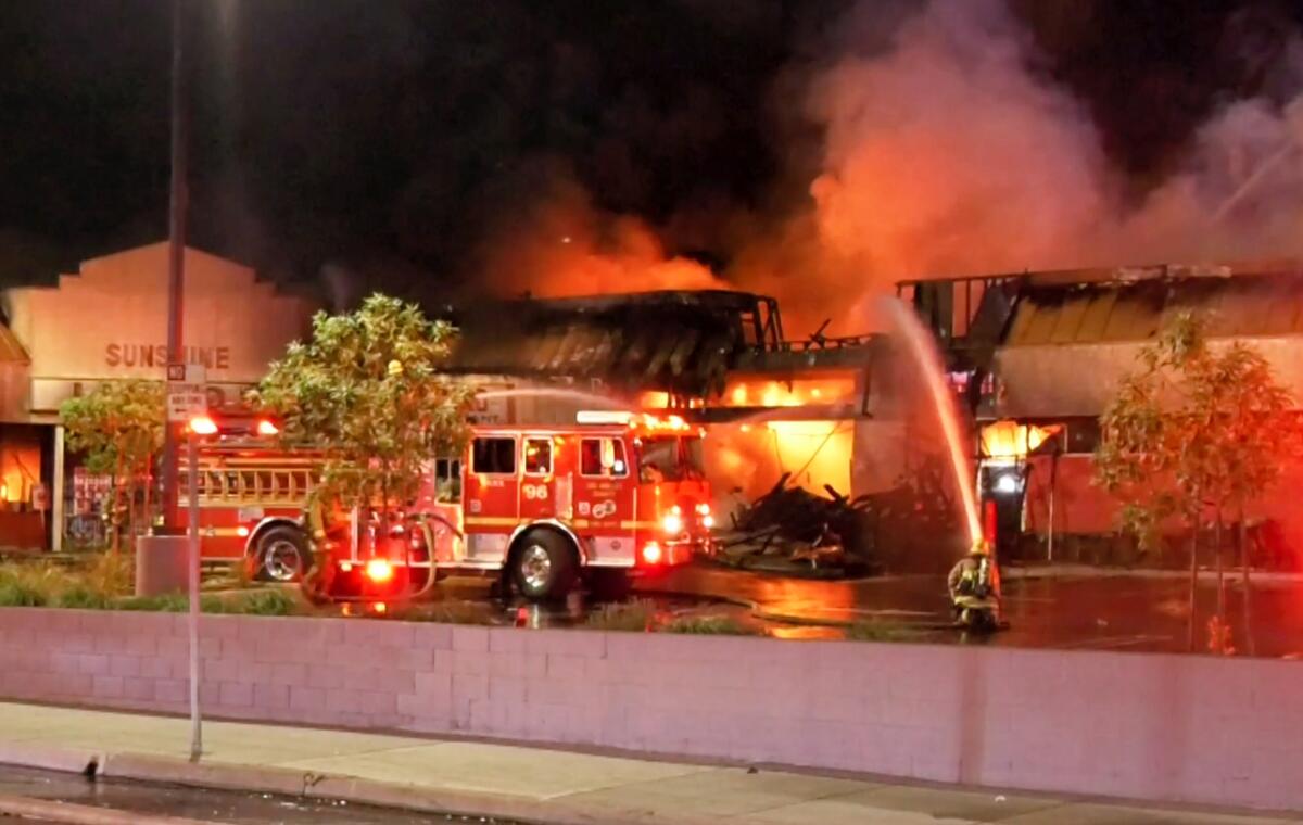 A pizza restaurant in flames