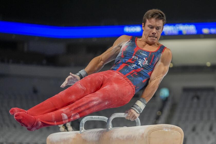 Brody Malone performs on the pommel horse during the U.S. Gymnastics Championships, Thursday, May 30, 2024, in Fort Worth, Texas. (AP Photo/LM Otero)