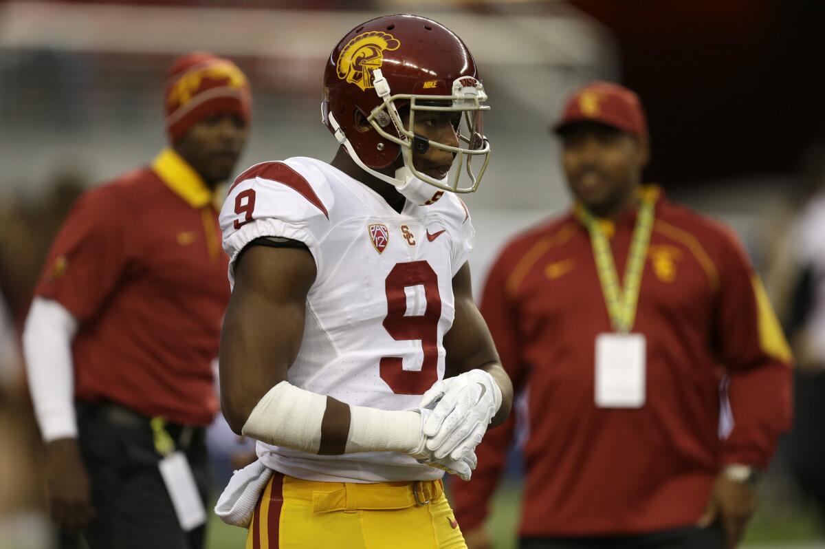 USC receiver JuJu Smith-Schuster warms up prior to the start of a Dec. 5 game against Stanford in Santa Clara.