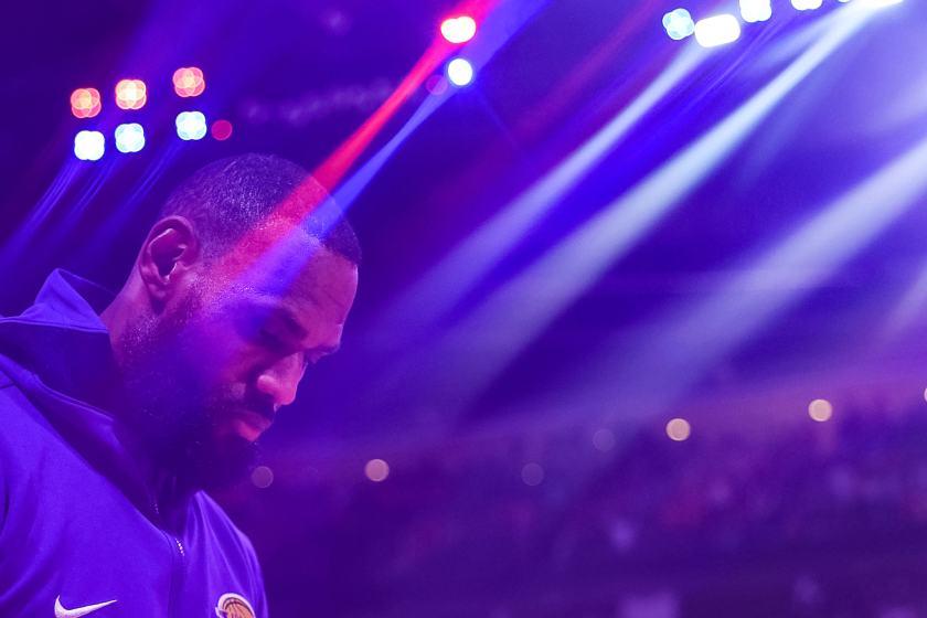 LeBron James #6 of the Los Angeles Lakers looks on prior to facing the Houston Rockets at Toyota Center.