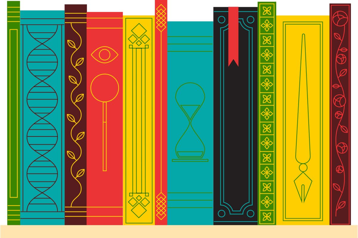 A row of books on a shelf. Each spine has a decoration that hints at the genre of the book.