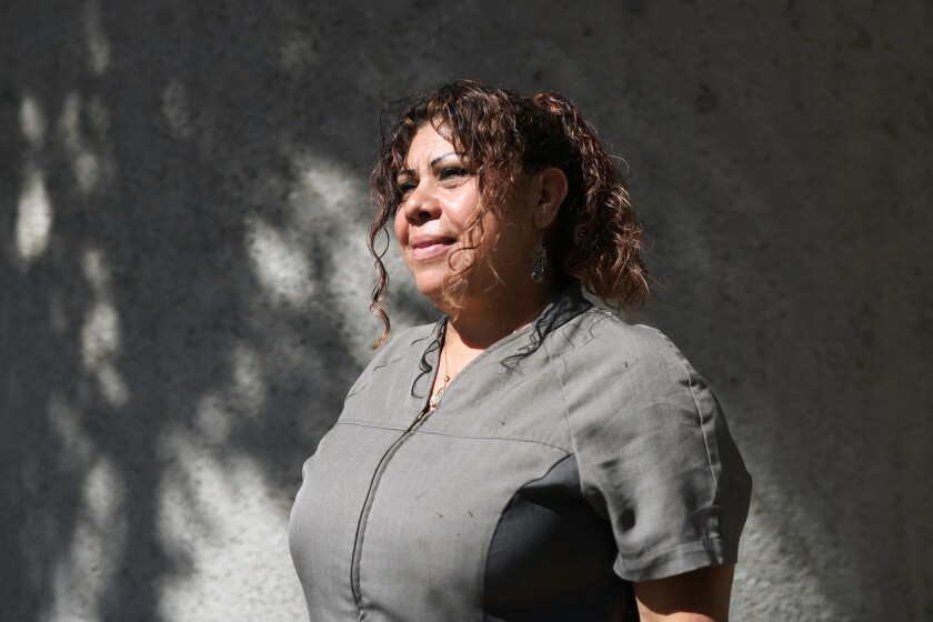 Maria Mejia, 55, outside the Westin Bonaventure Hotel and Suites where she works in downtown Los Angeles.