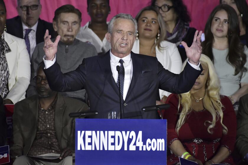 FILE - Democratic presidential candidate Robert F. Kennedy Jr. speaks at a campaign event April 19, 2023, at the Boston Park Plaza Hotel, in Boston. (AP Photo/Josh Reynolds, File)