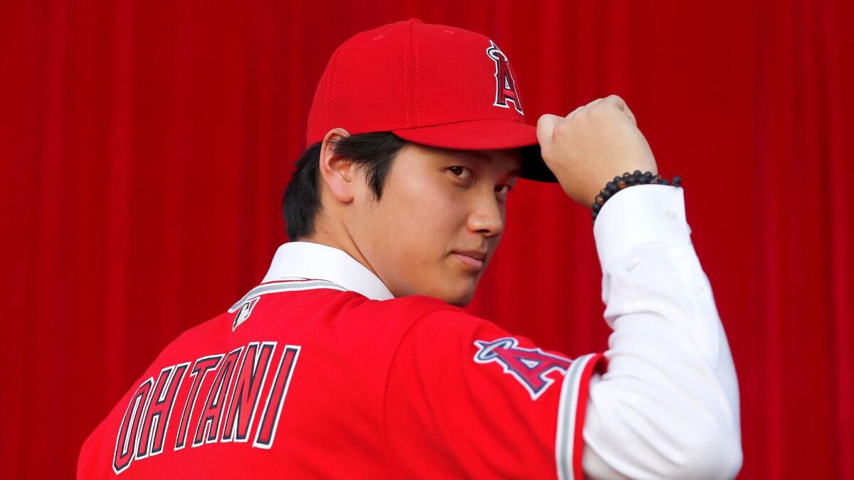 Shohei Ohtani at a news conference at Angel Stadium on Dec. 9.