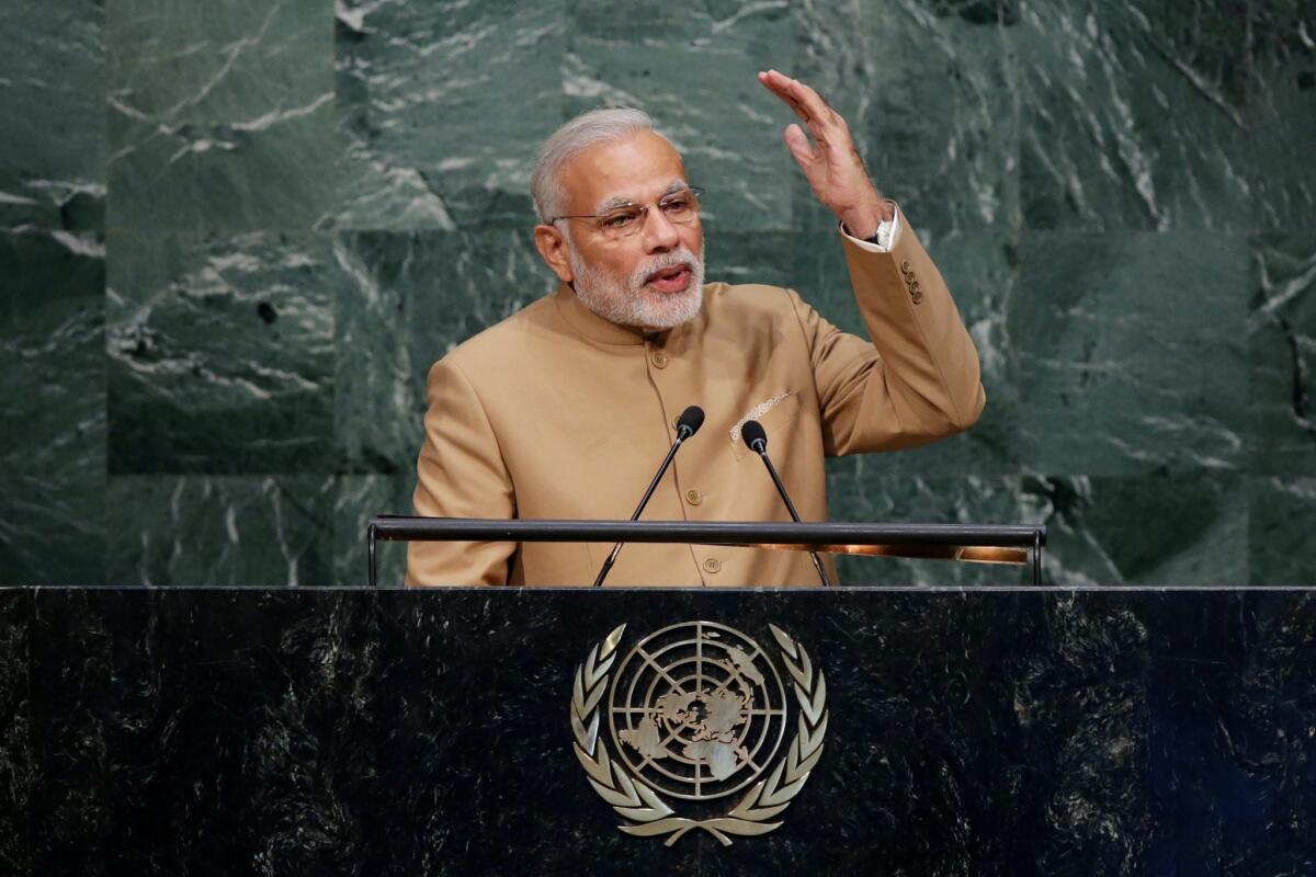 Indian Prime Minister Narendra Modi speaks at the United Nations in New York City on Friday.