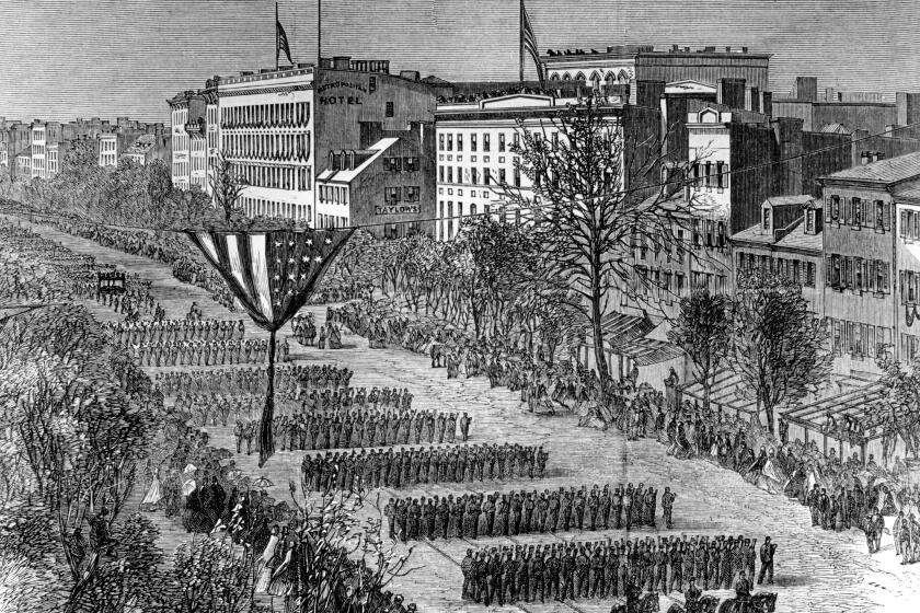 Engraved view of the funeral of President Lincoln, with soldiers marching the streets of Springfield, Ill. on May 3, 1865.