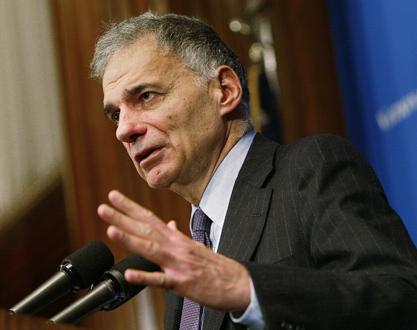 Ralph Nader, the Green Party's 2000 presidential nominee, is seen speaking in Washington in 2004.