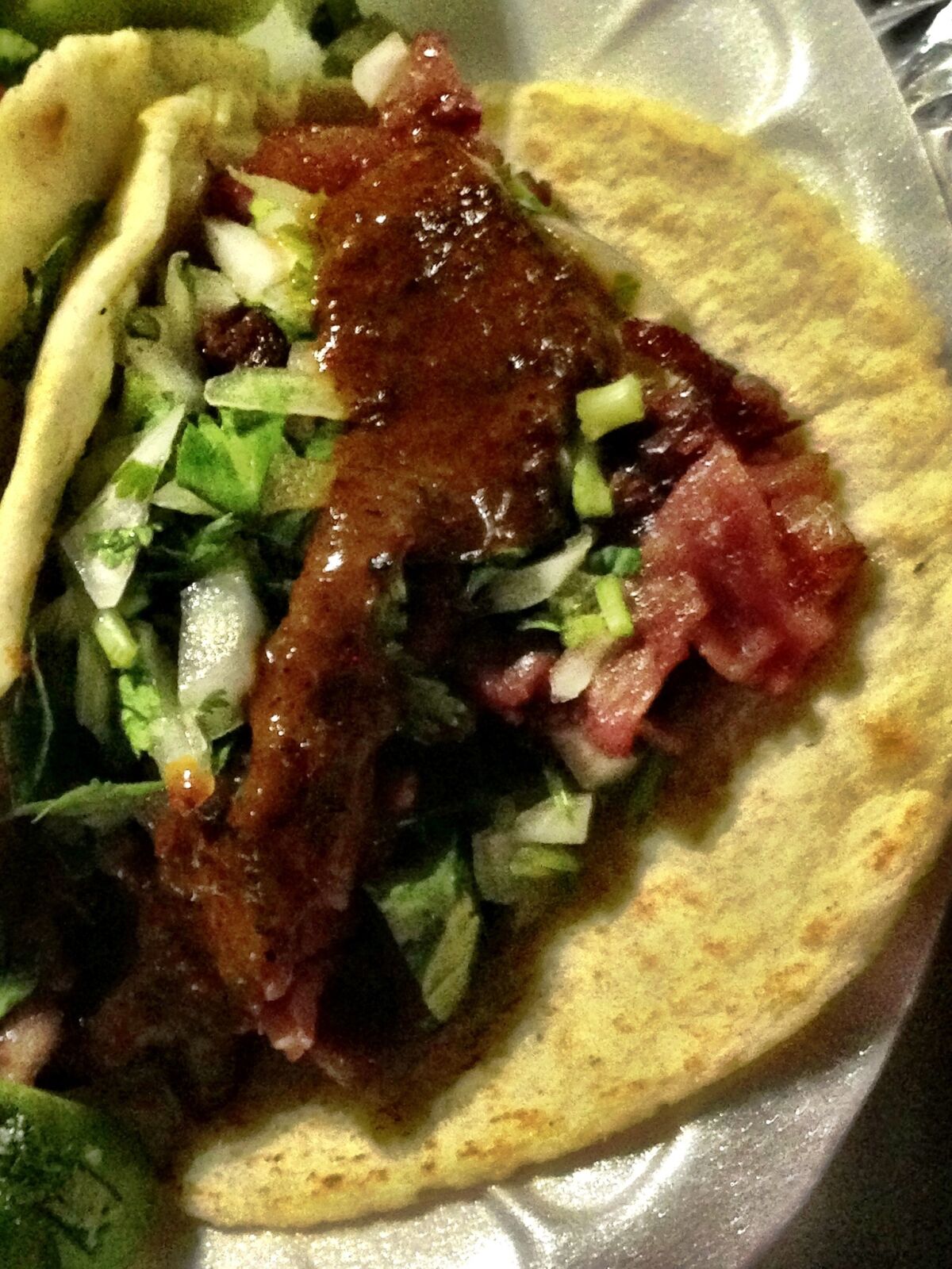 Spicy tacos de trompas from L.A.'s La Tehuana truck.