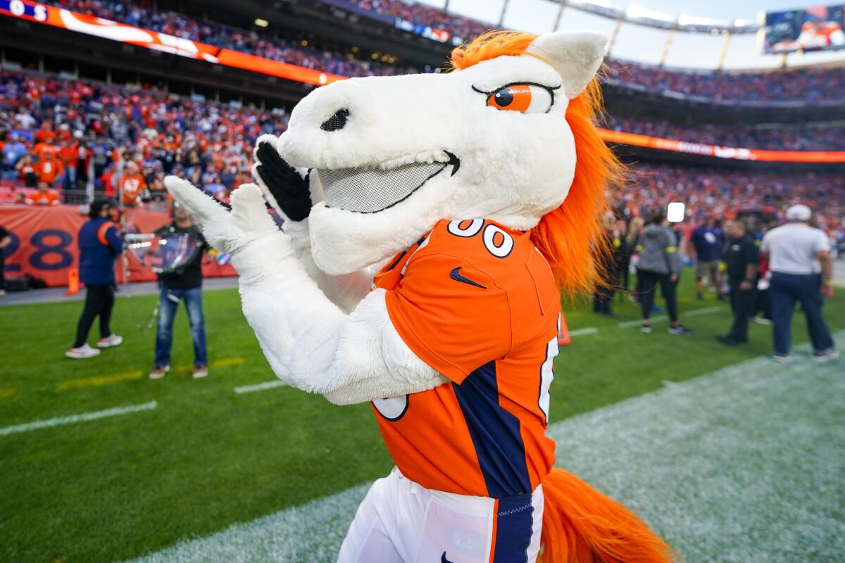 Denver Broncos mascot Miles cheers against the Indianapolis Colts 