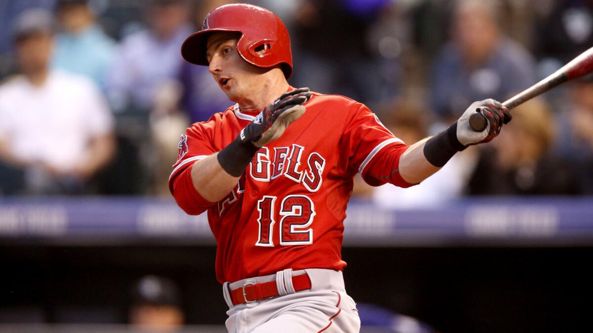 Angels second baseman Johnny Giavotella, batting in the sixth inning, delivered the game-winning hit in the ninth inning on Wednesday night in Denver.
