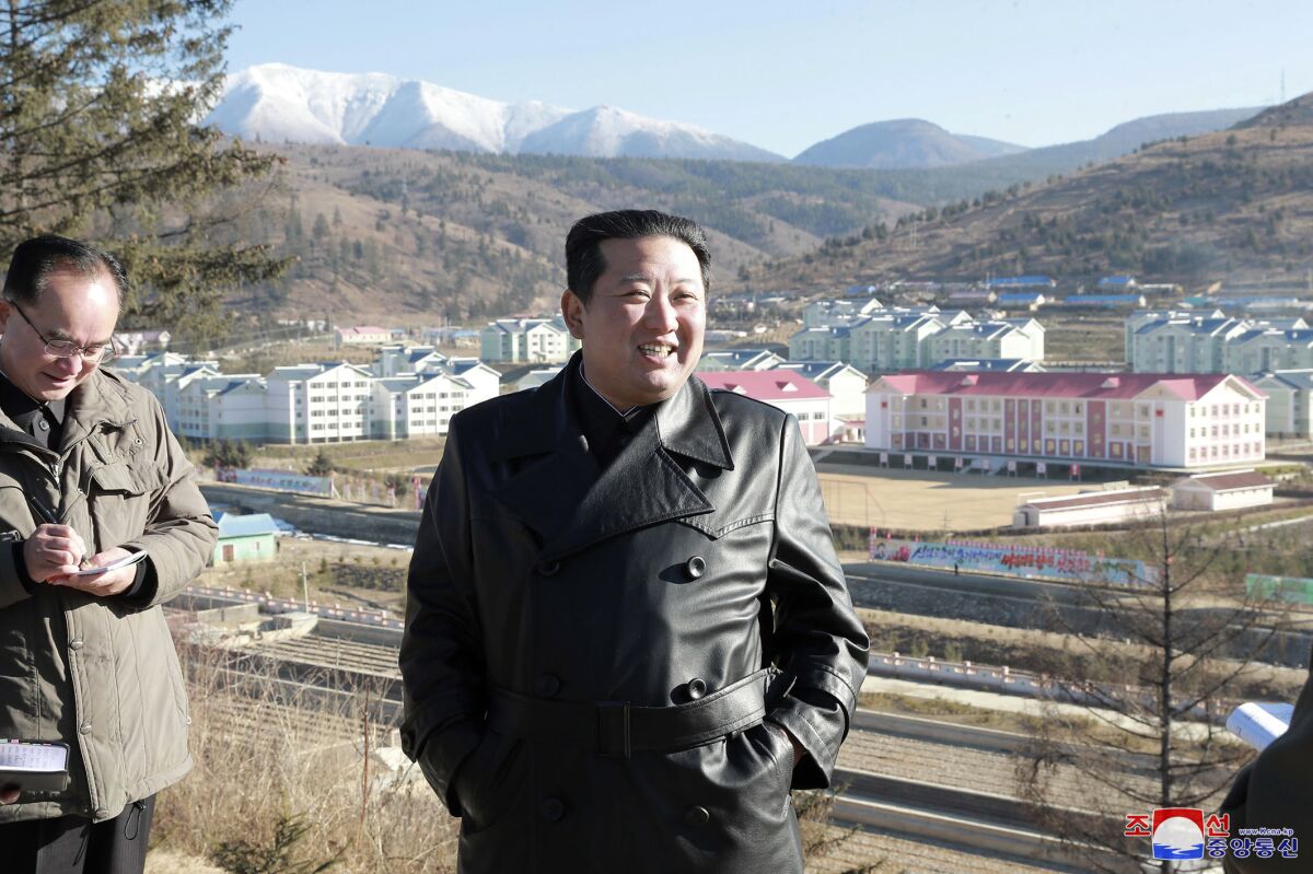 This undated photo provided on Nov. 16, 2021, by the North Korean government, North Korean leader Kim Jong Un inspects the construction site of Samjiyon city development project in Ryanggang province, North Korea. Independent journalists were not given access to cover the event depicted in this image distributed by the North Korean government. The content of this image is as provided and cannot be independently verified. Korean language watermark on image as provided by source reads: "KCNA" which is the abbreviation for Korean Central News Agency. (Korean Central News Agency/Korea News Service via AP)