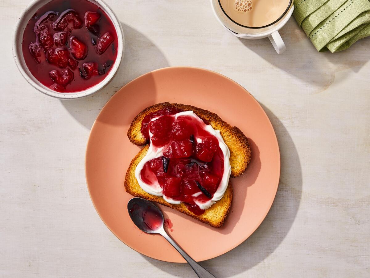 Brioche toast with plum jam and ricotta cheese