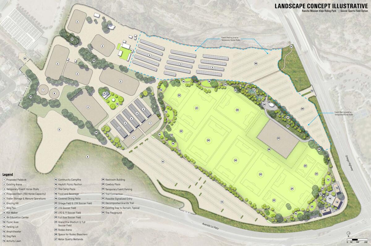 A map of the planned Rancho Mission Viejo Riding Park, an equestrian-centric community hub on 65 acres.