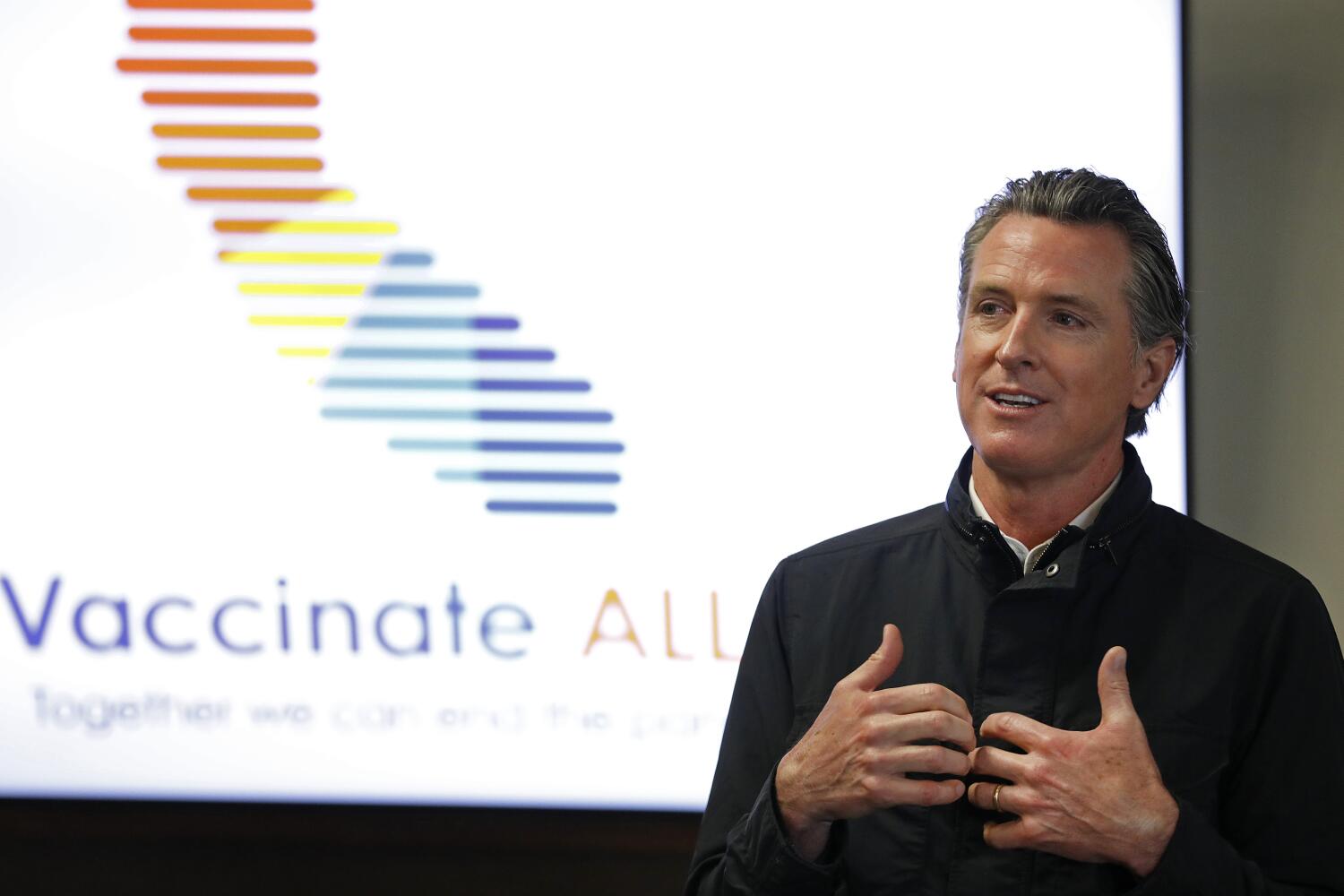 SOUTH GATE, CA - MARCH 10: California Governor Gavin Newsom held a media availability at a vaccination site at South Gate Park, South Gate in Los Angeles County the day after his State of the State Address highlighting California's continued progress in battling the pandemic and commitment to vaccine equity. Governor Newsom toured a vaccination site where local organizations are helping to vaccinate hard-to-reach communities. South Gate Park on Wednesday, March 10, 2021 in South Gate, CA. (Al Seib / Los Angeles Times).