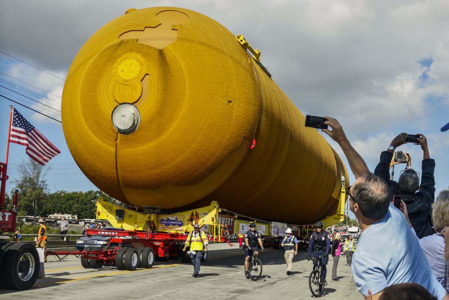 ET-94, NASA's last remaining space shuttle external tank, travels along Arbor Vitae Street in Inglewood on its way to the California Science Center.