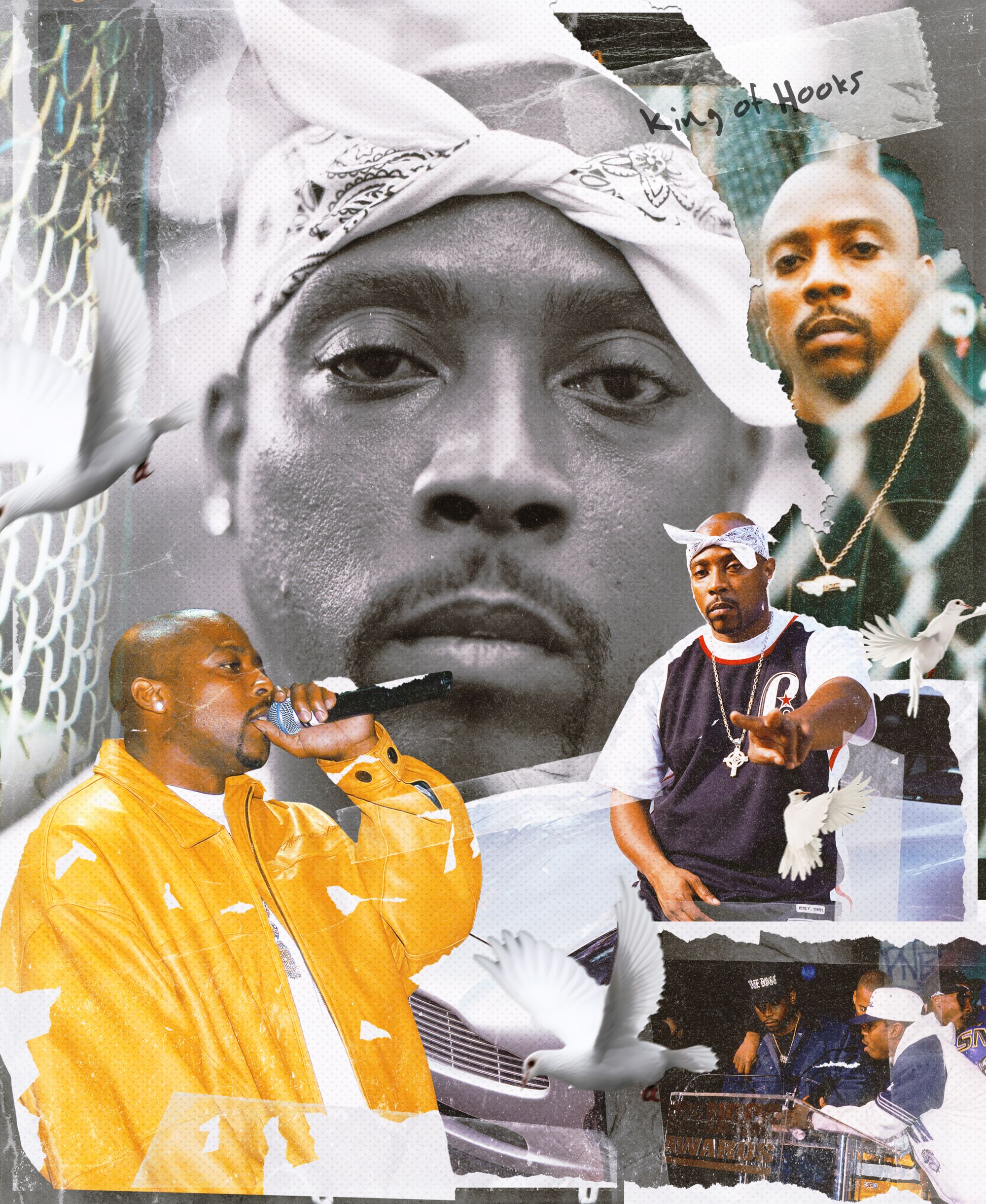 collage of Nate Dogg cutouts surrounding a large black and white closeup portrait of him looking into the camera