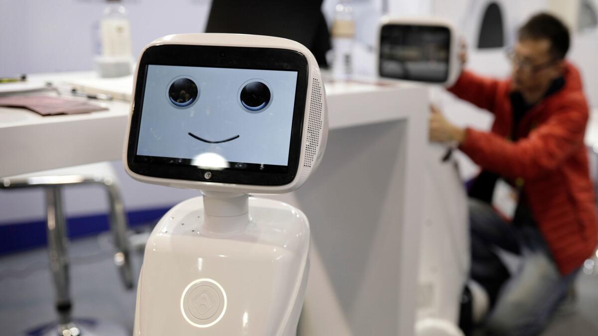 The Amy robot is on display at the Amy Robotics booth during CES International on Jan. 7 in Las Vegas.