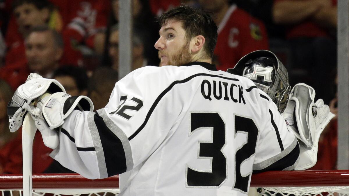 Kings goalie Jonathan Quick looks on during the second period of the Kings' 6-2 win over the Chicago Blackhawks in Game 2 of the Western Conference finals on Wednesday.